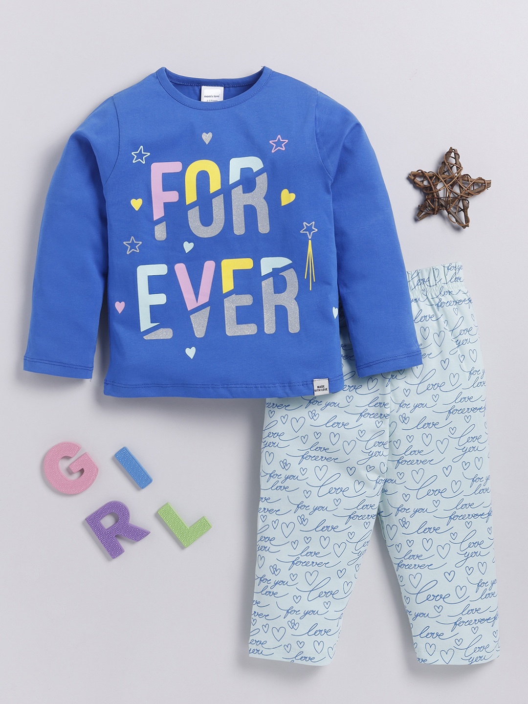 

Moms Love Girls Printed Pure Cotton T-Shirt With Trousers, Blue