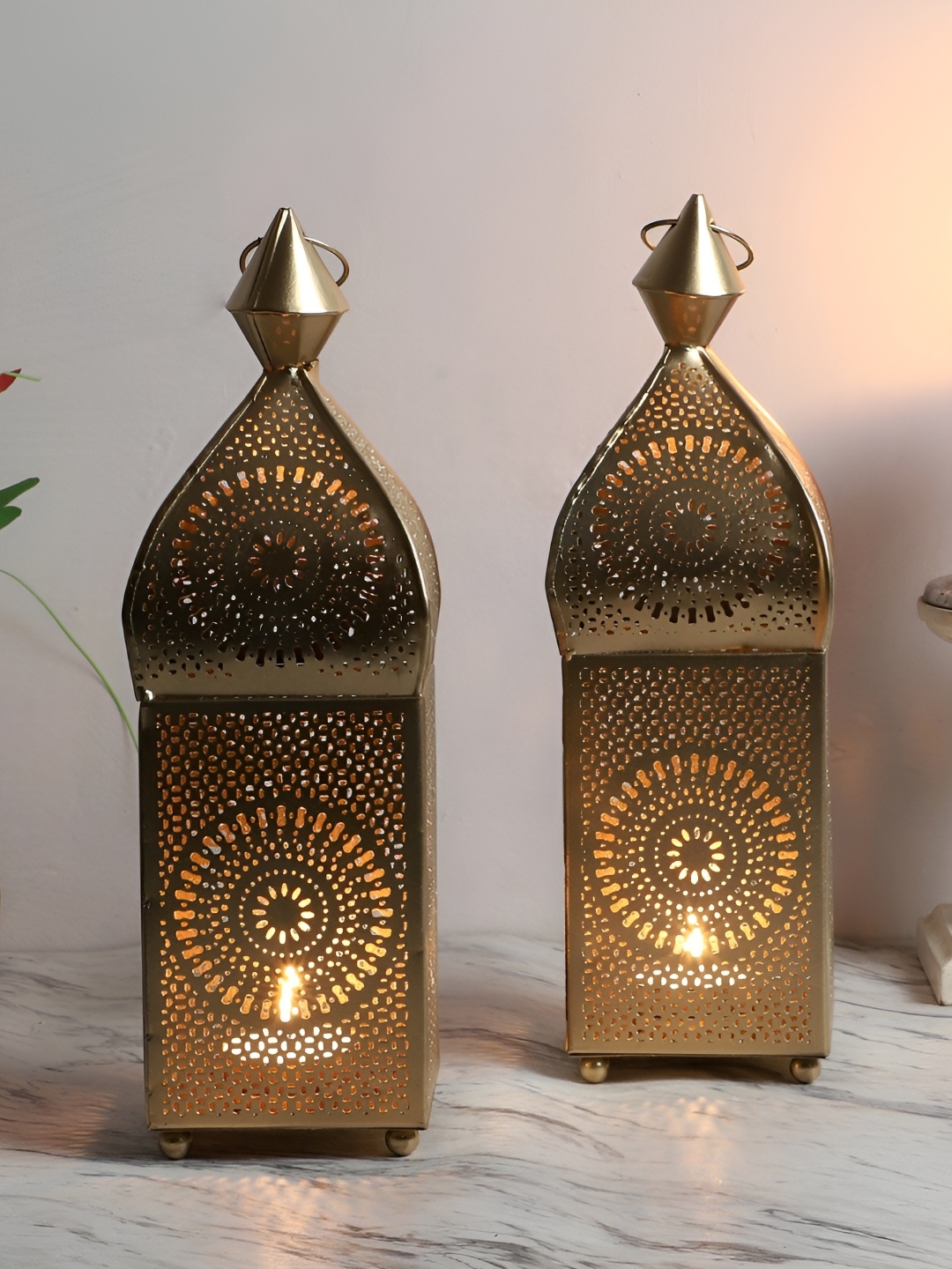 

Amaya Decors Yellow 2 Pieces Hanging Etching Square Lantern Candle Holders
