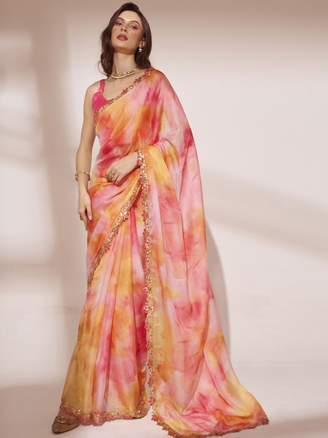 

Kalista Tie and Dye Sequinned Organza Ready to Wear Saree, Pink