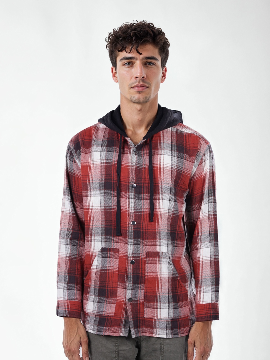 

Celio Men Classic Hood Tartan Checked Cotton Casual Shirt, Red
