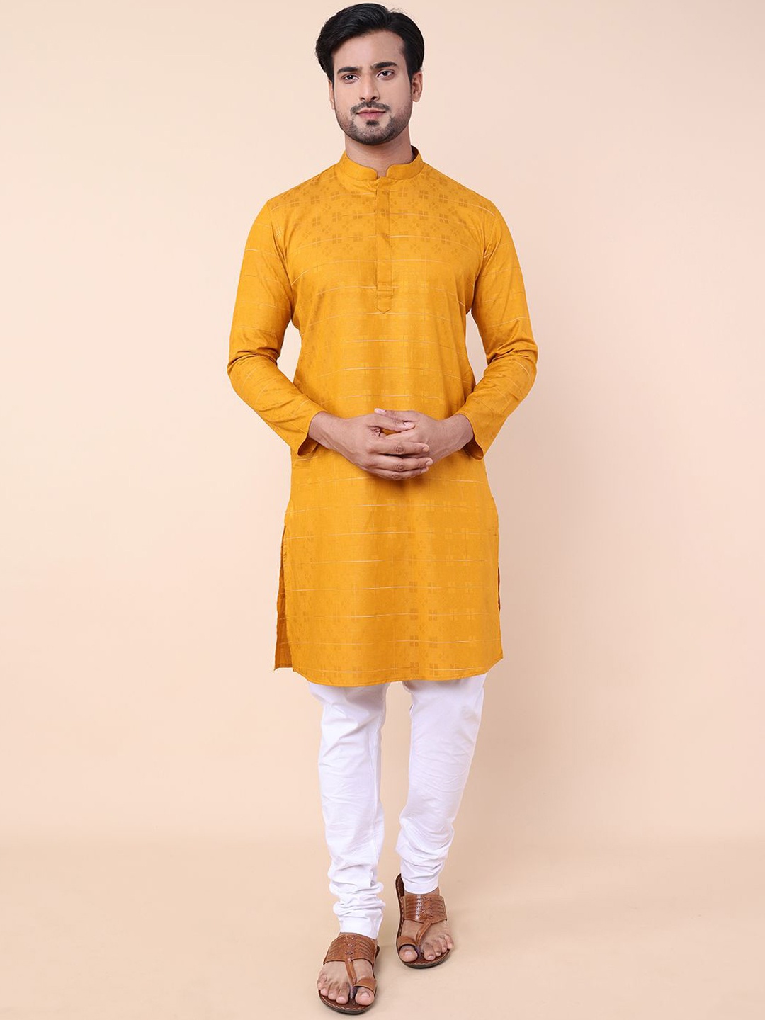 

NAMASKAR Checked Mandarin Collar Straight Kurta, Mustard