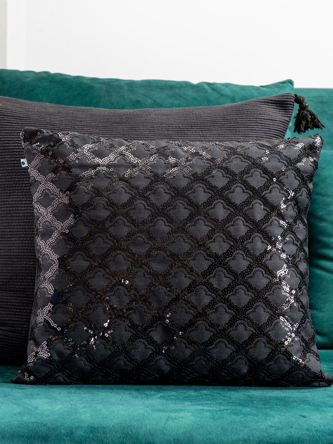 

ONSETHOMES Midnight Sparkle Black Ethnic Motifs Embroidered Square Cushion Covers