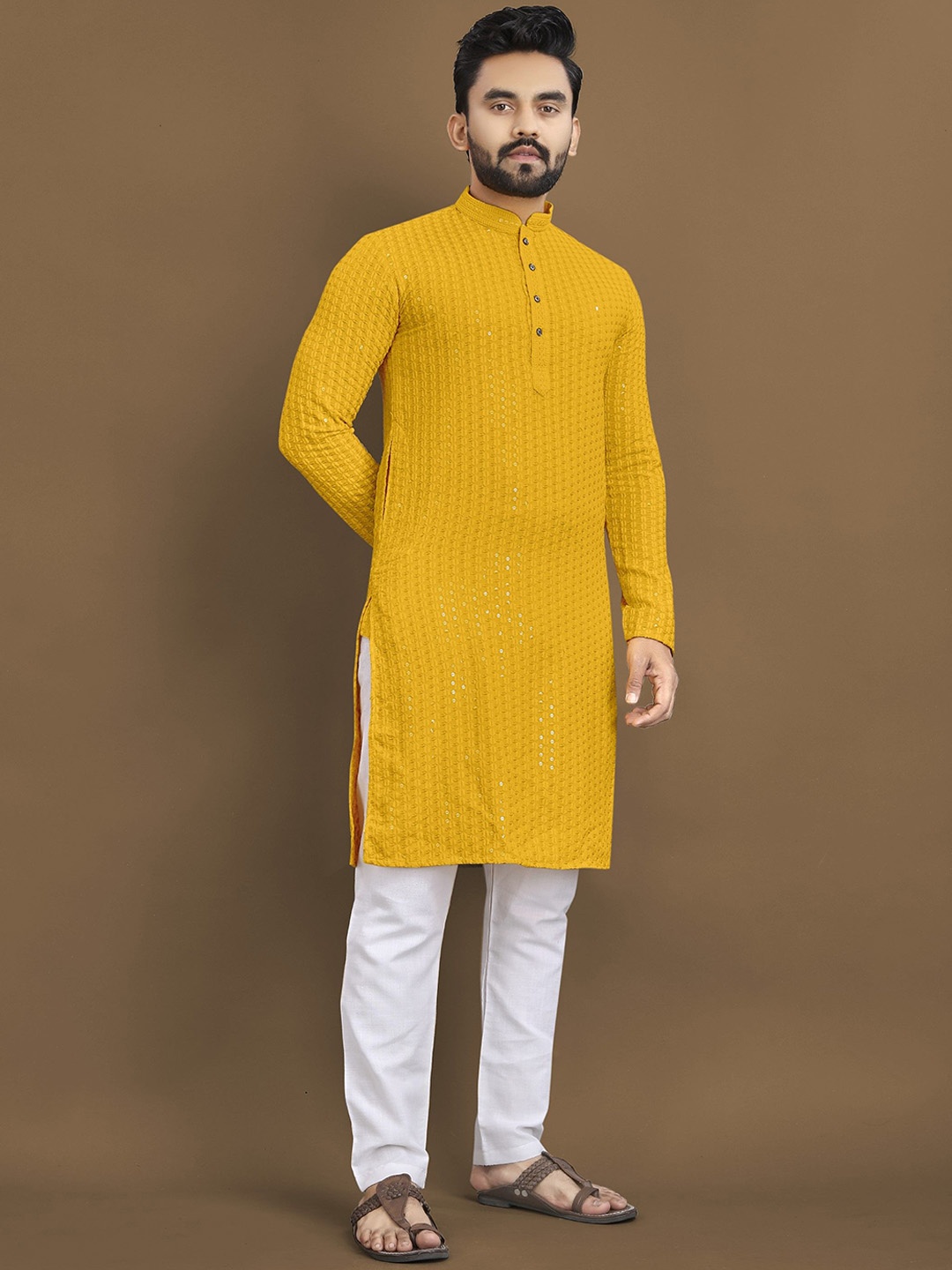 

Anaita Geometric Embellished Mandarin Collar Chikankari Straight Kurta, Yellow