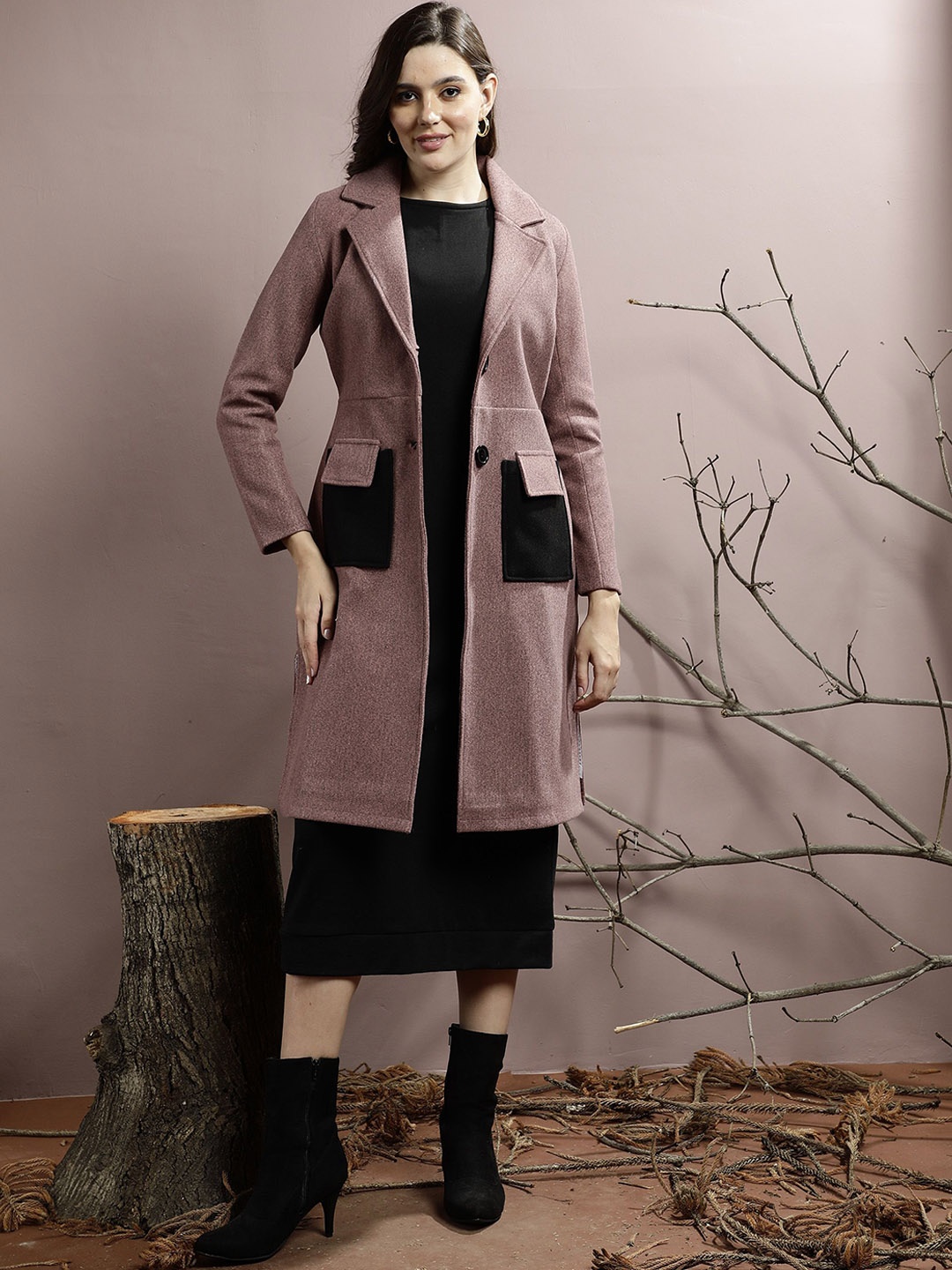 

Athena Women Notched Collar Longline Overcoat, Pink
