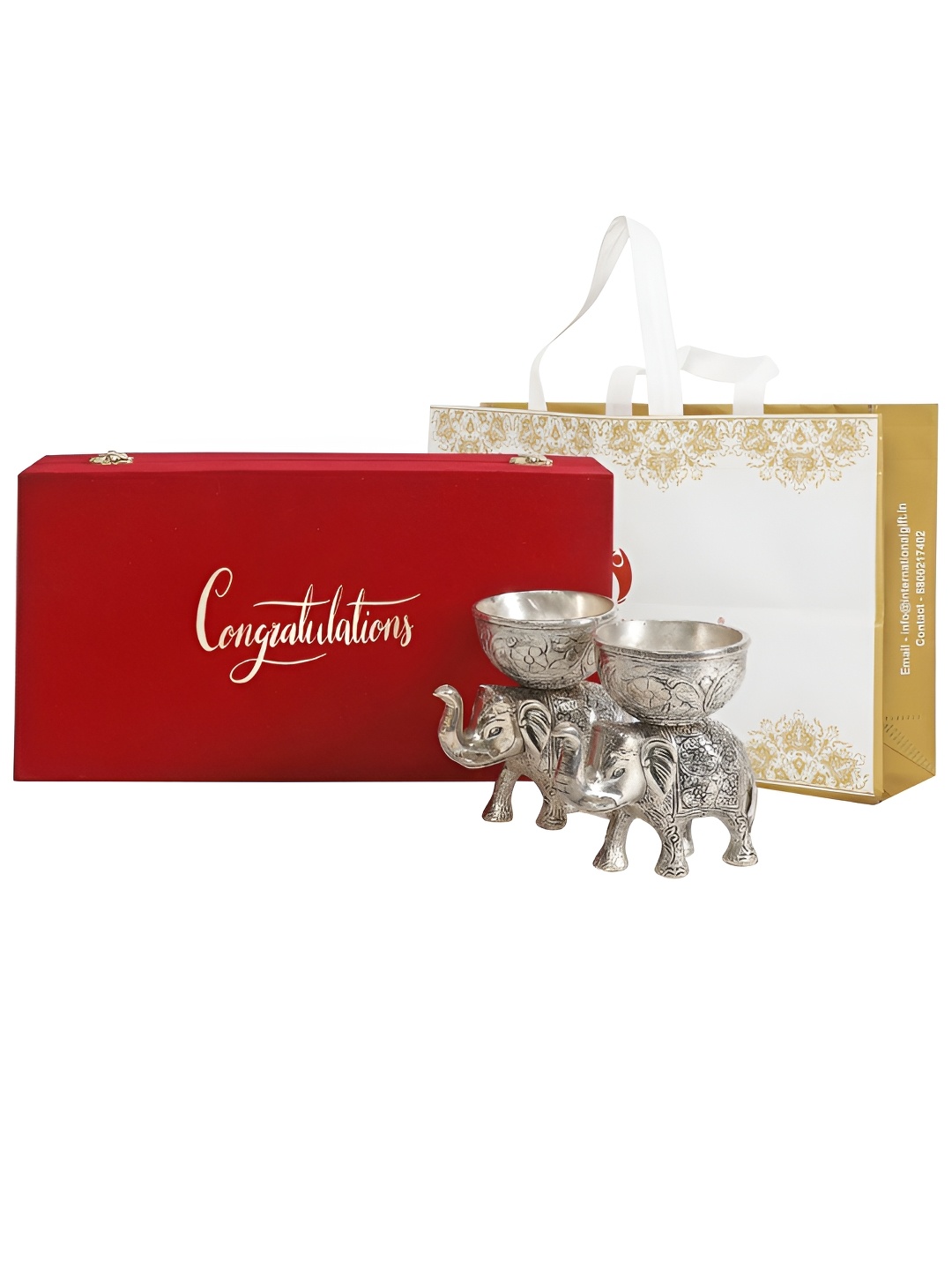 

INTERNATIONAL GIFT Silver-Toned Elephant Bowl With Congratulations Tag & Velvet Box