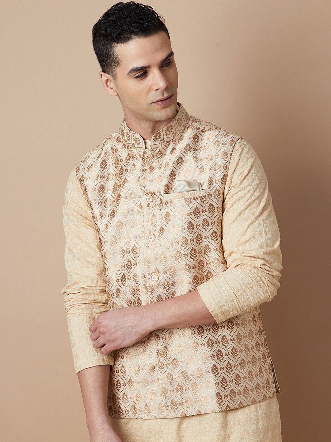 

Melange by Lifestyle Men Woven Design Nehru Jackets, Beige