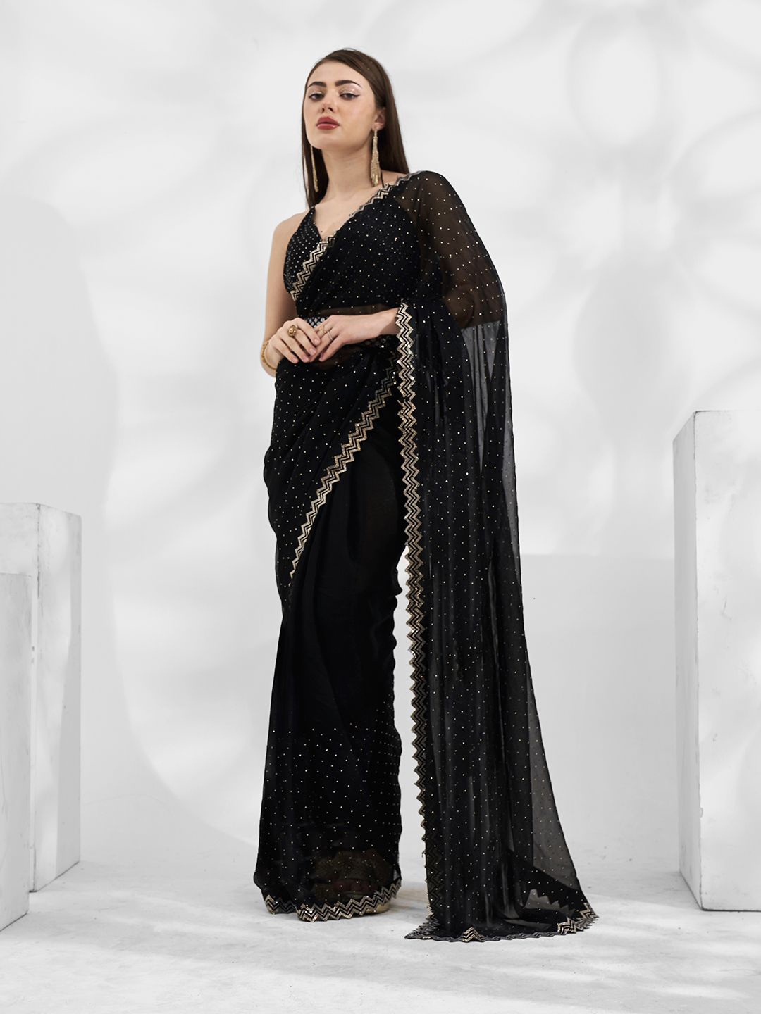 

Kalista Embellished Beads and Stones Pure Chiffon Ready to Wear Saree, Black