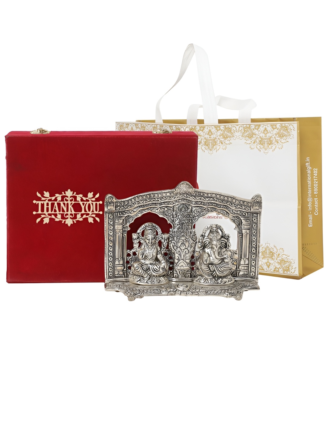

INTERNATIONAL GIFT Silver-Toned Lakshmi Ganesh Idol With Thank You Tag & Velvet Box