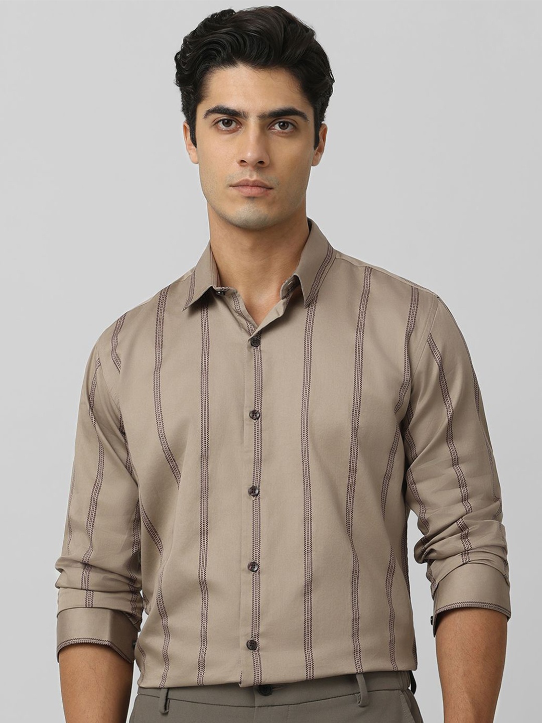 

Mufti Men aw-24 Slim Fit Opaque Striped Cotton Casual Shirt, Khaki