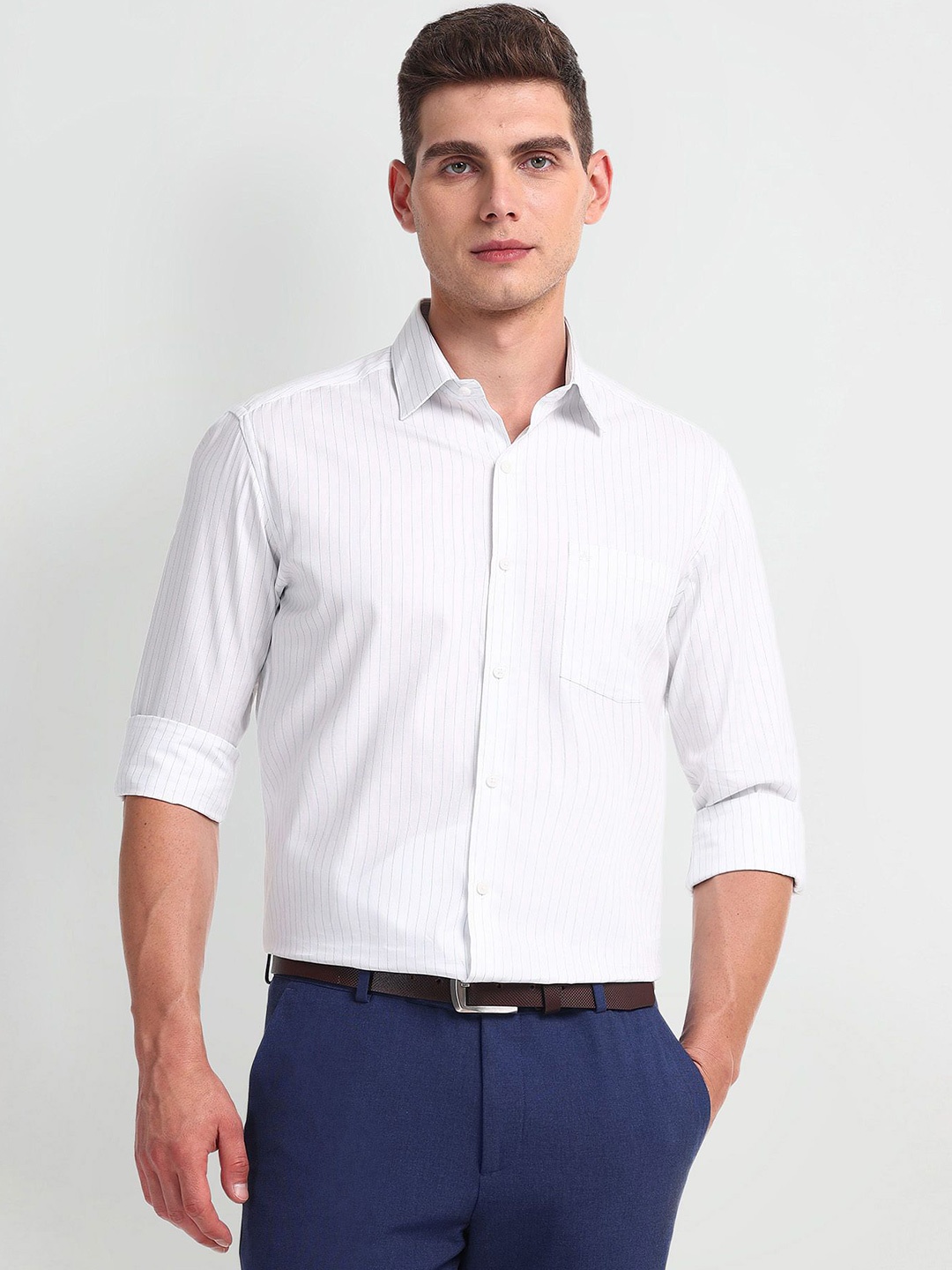

Arrow Men Slim Fit Pinstripes Opaque Striped Formal Shirt, Blue