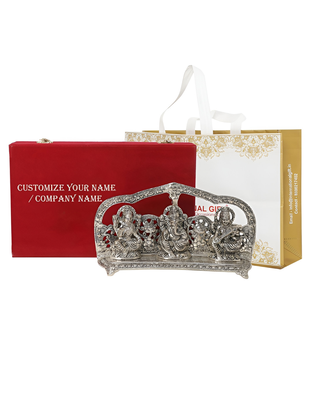 

INTERNATIONAL GIFT Silver-Toned Lakshmi Ganesh Saraswati Idol with Tag & Velvet Box