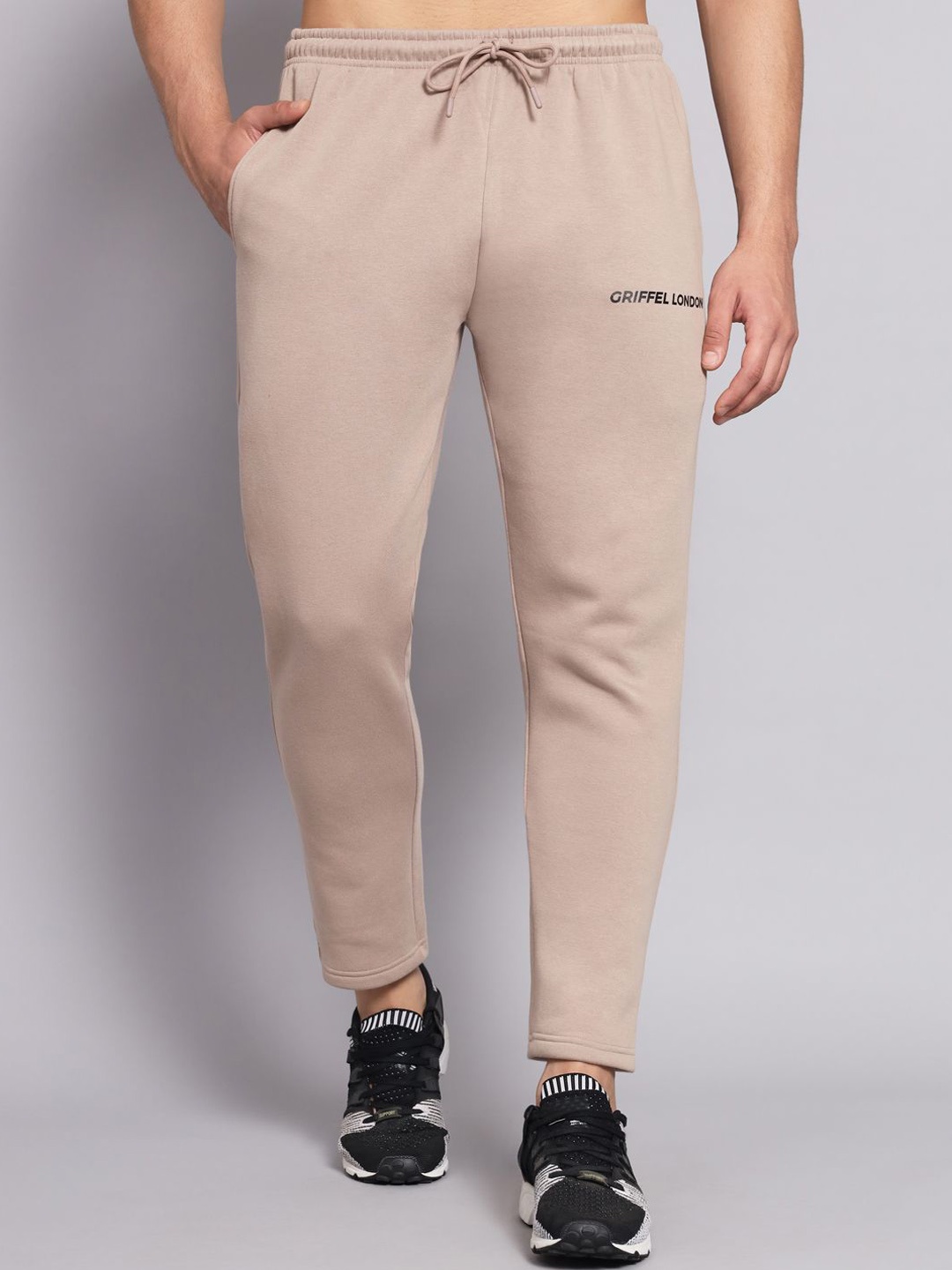 

GRIFFEL Men Typography Printed Mid-Rise Track Pants, Camel brown