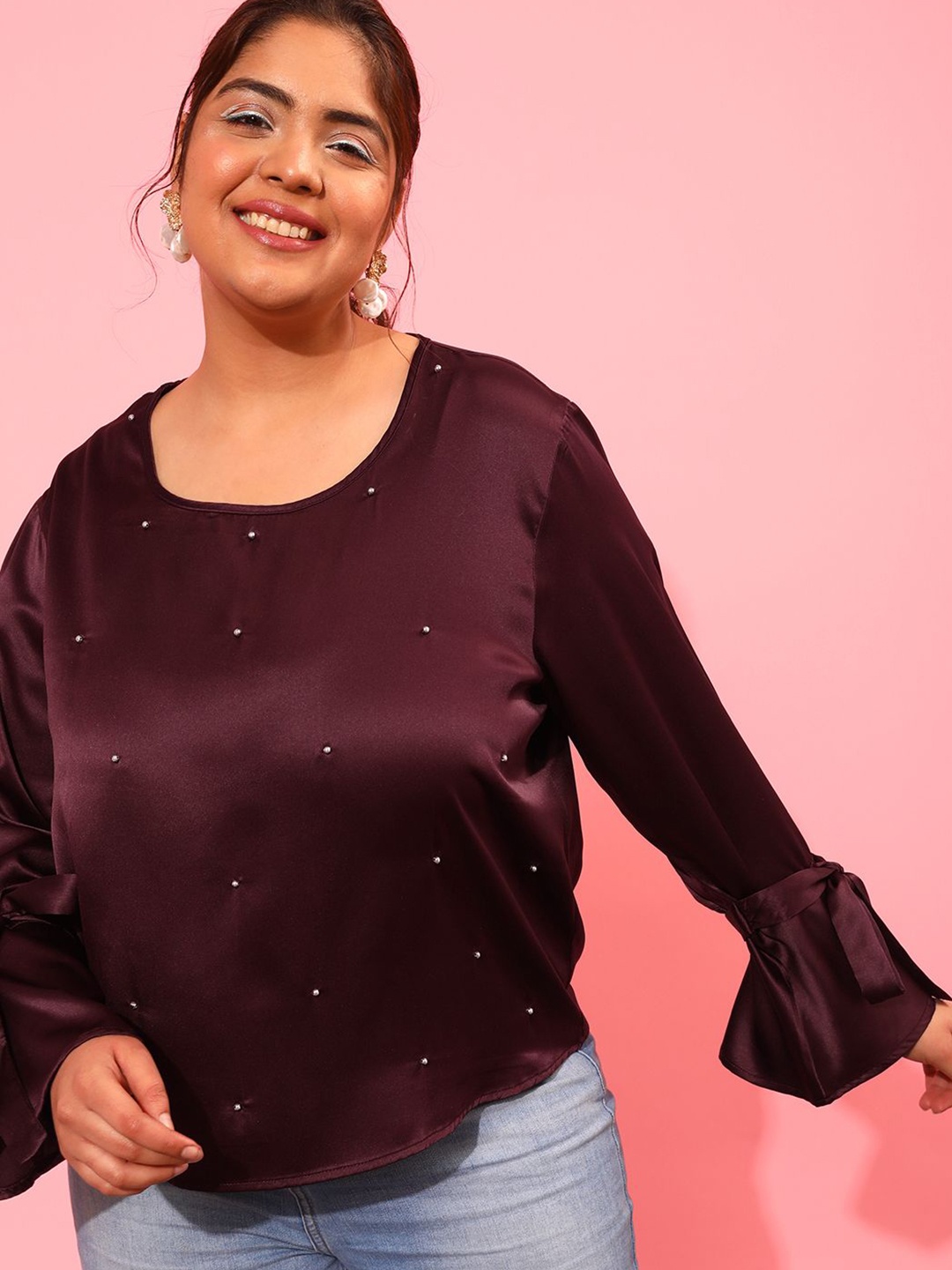 

CURVY STREET Women Solid Embellished Plus Size Top, Burgundy