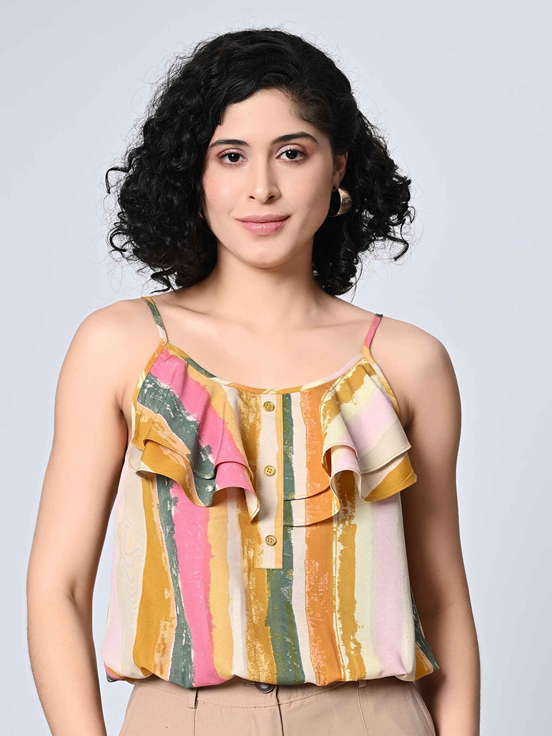 

ALL WAYS YOU Women Vertical Stripes Printed Shoulder Straps Top, Beige