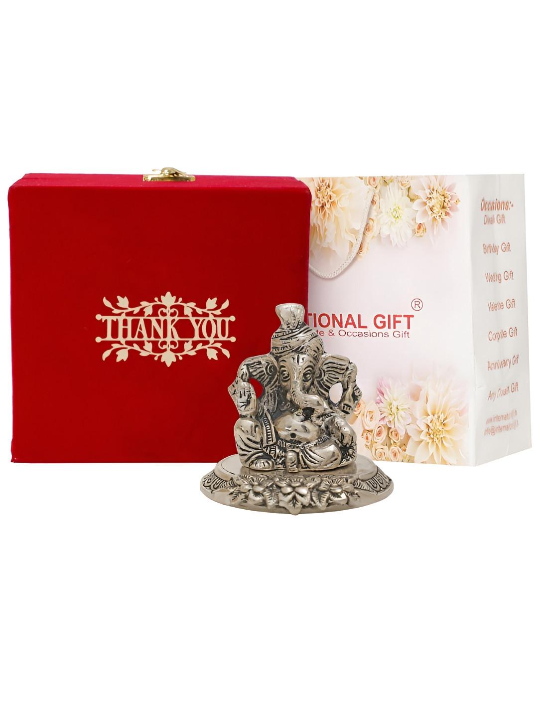

INTERNATIONAL GIFT Silver-Toned Religious Lord Pagdi Ganesh With Box & Thank You Tag