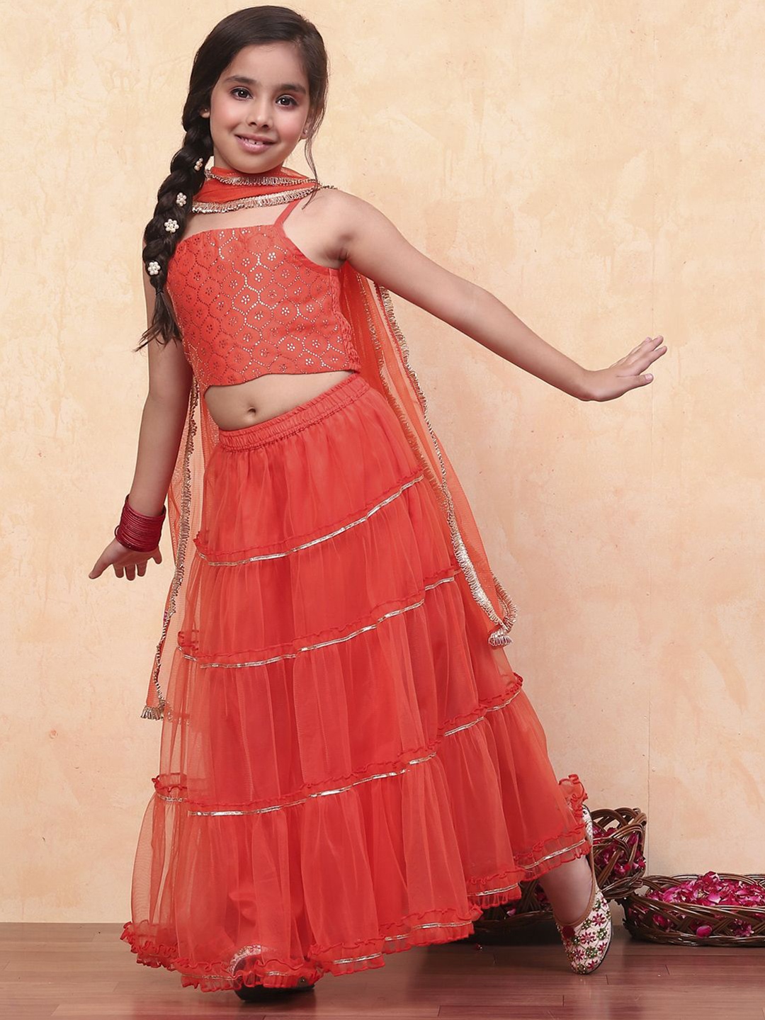 

Biba Girls Embellished Ready to Wear Lehenga & Blouse With Dupatta, Orange