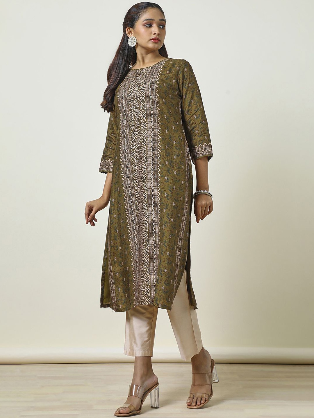 

Soch Geometric Printed Straight Kurta, Olive