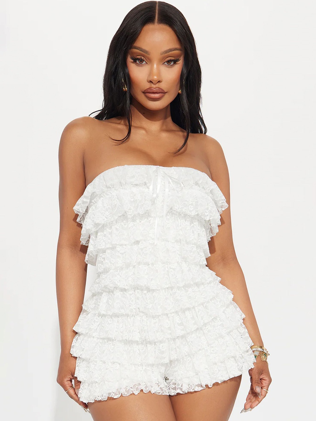 

LULU & SKY Women Layered Lace Strapless Playsuit, White