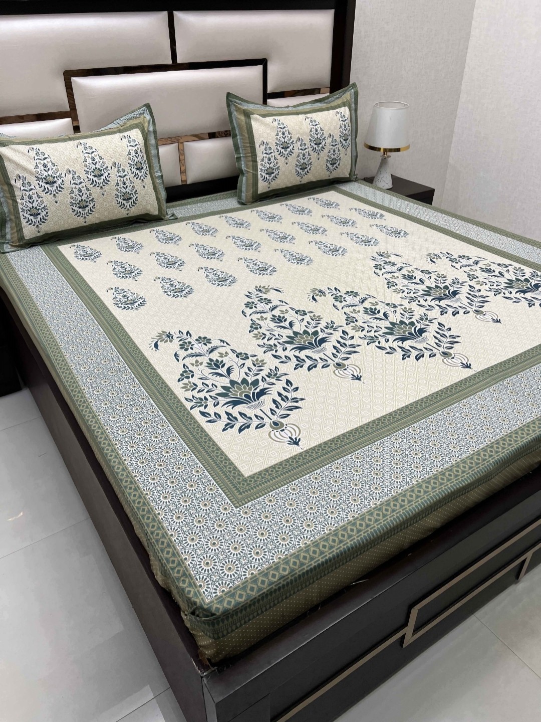 

Pure Decor Beige & Green Printed 400 TC Pure Cotton King Bedsheet with 2 Pillow Covers