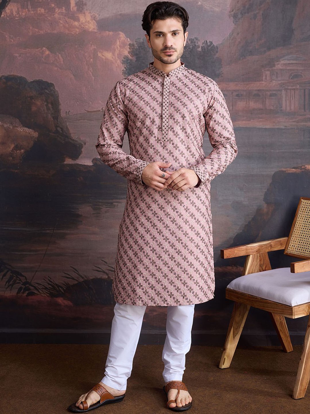 

House of Pataudi Chikankari Embroidered Mandarin Collar Long Sleeves Kurta, Purple