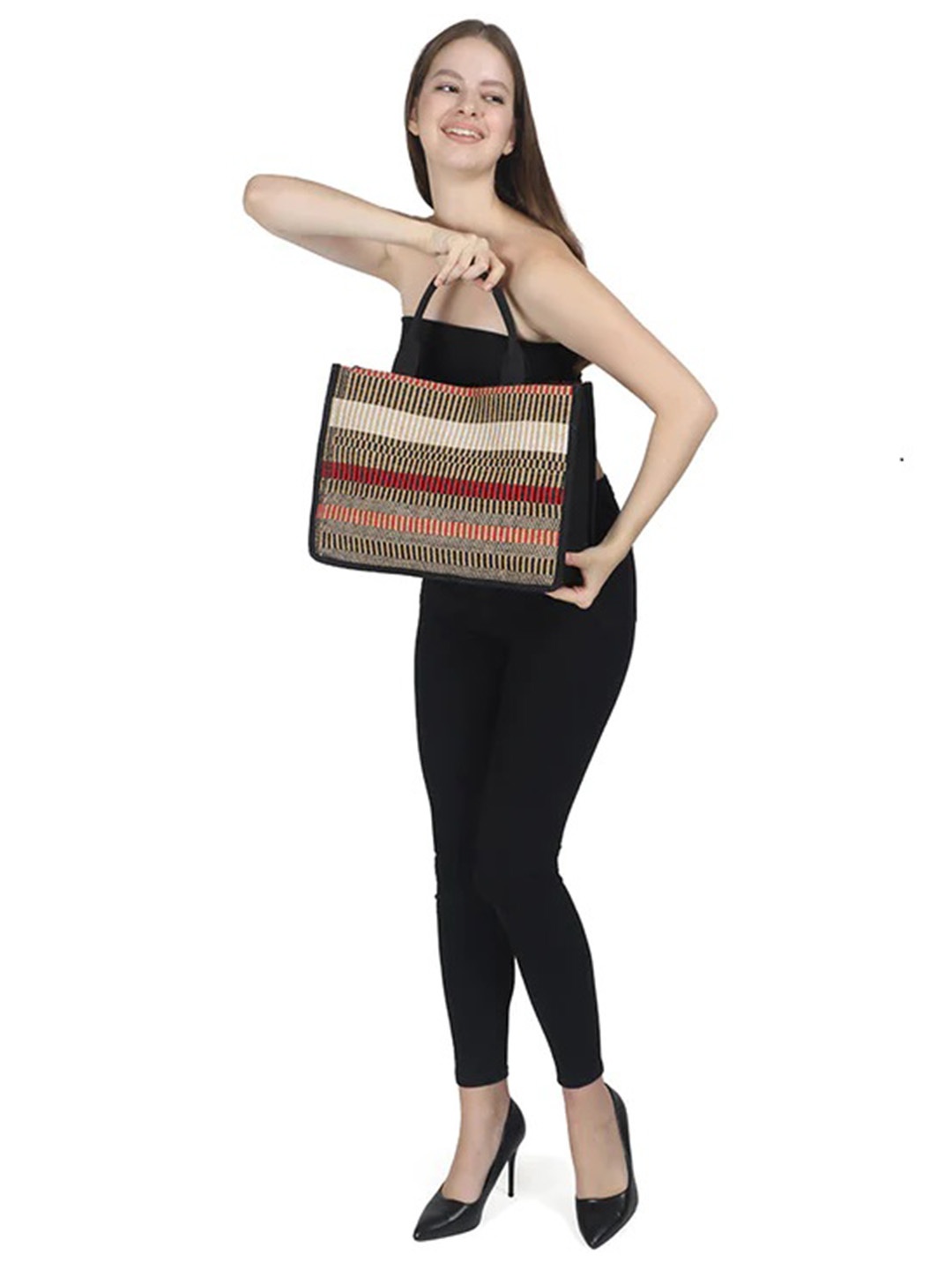 

INDIVIDUAL DESIGN Multicolor Striped Jacquard Weave Structured Handbag, Beige