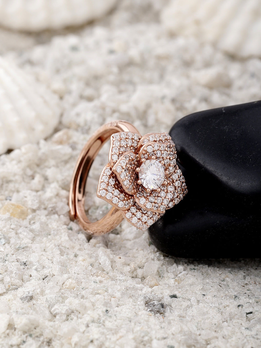 

DIAVO 925 Sterling Silver Rose Gold-Plated AD Studded Couture Fleur Finger Ring