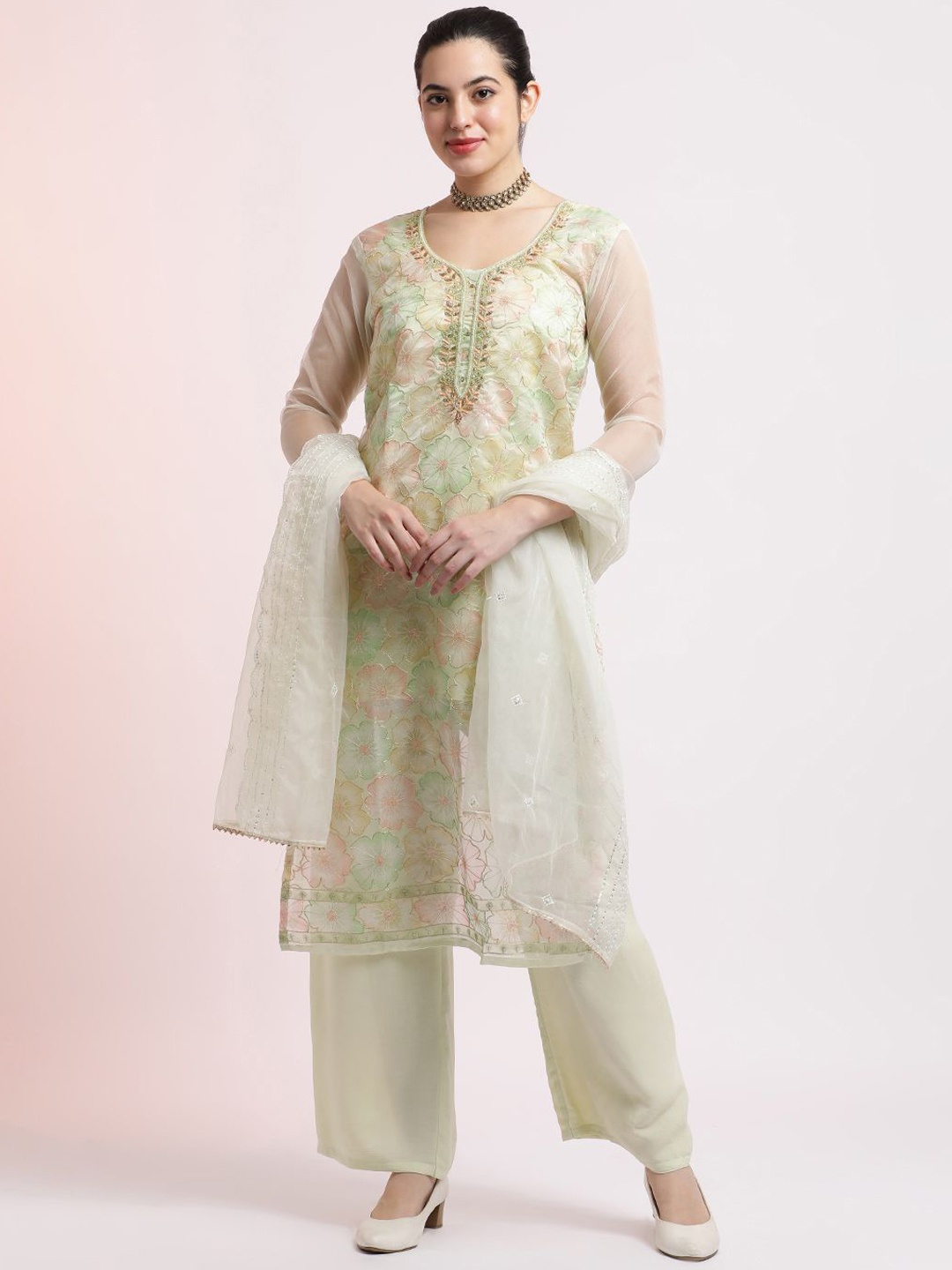 

Jaipur Kurti Floral Embellished Organza Festive Kurta Set With Dupatta, Green