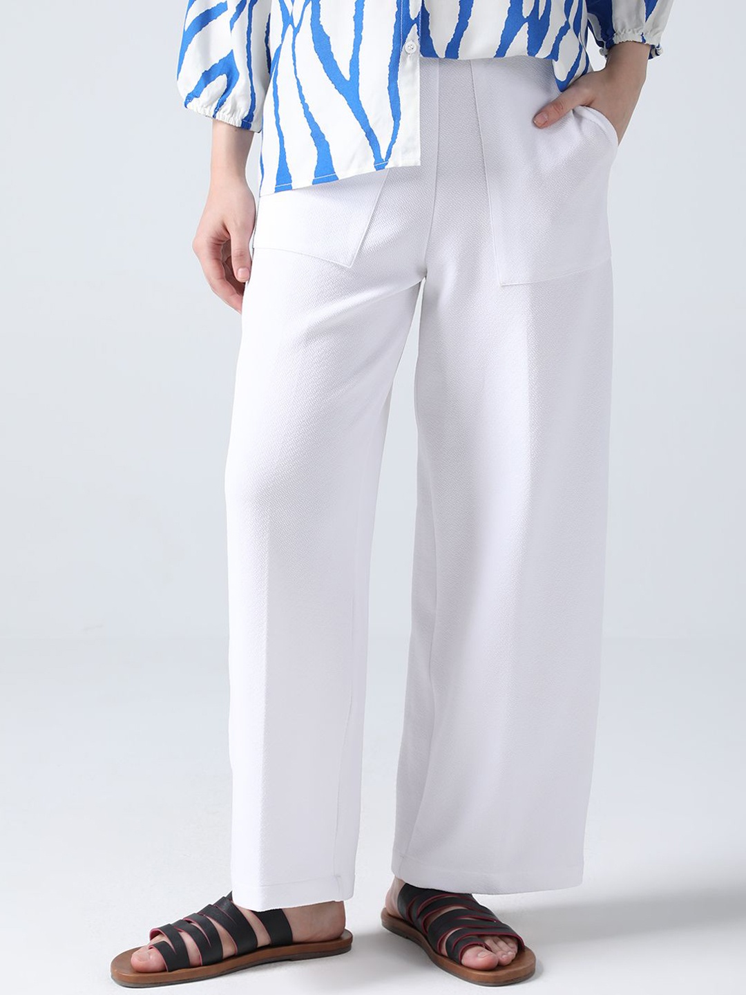 

IDK Women Textured Loose Fit High-Rise Wrinkle Free Trousers, White