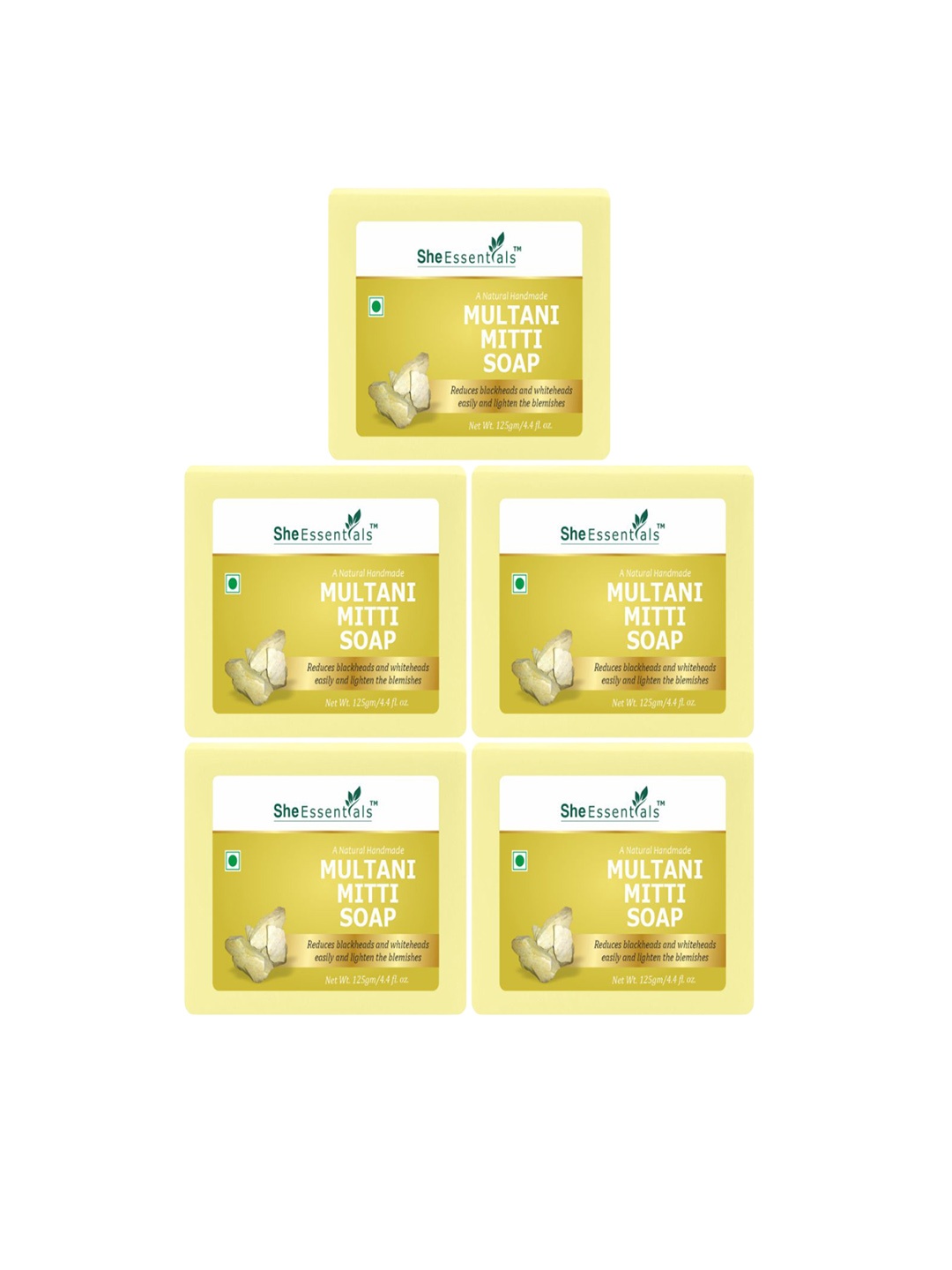 

She Essentials Set Of 5 Natural Multani Mitti Bath Soap- 125g Each, Transparent