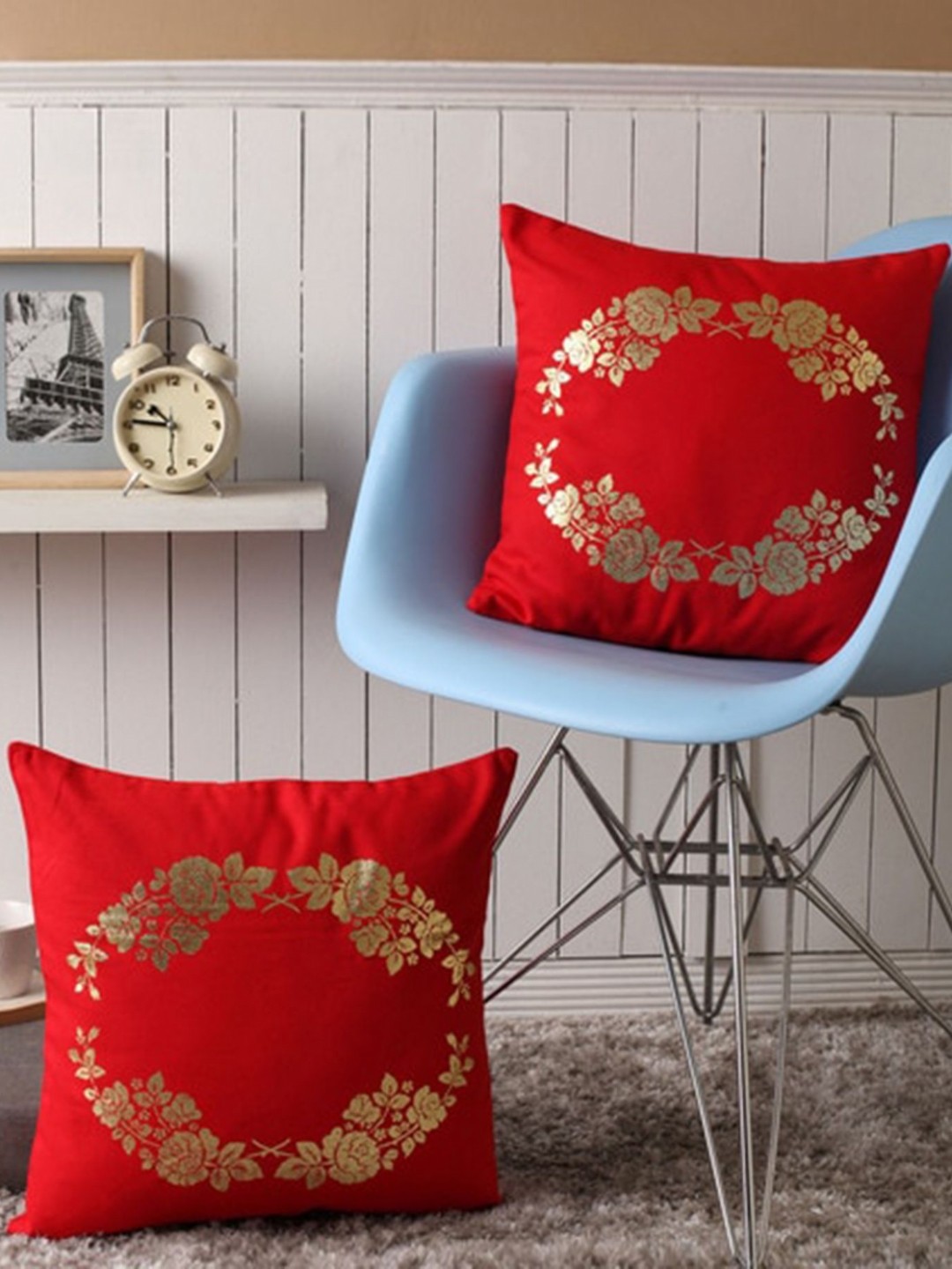 

Lushomes Red & Gold Toned 2 Pieces Floral Printed Cotton Square Cushion Covers