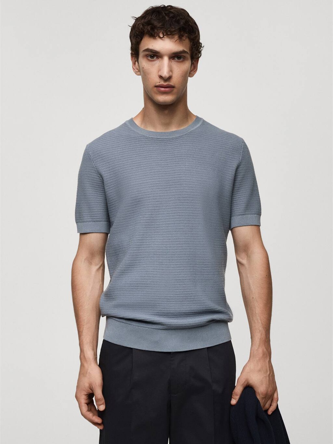 

MANGO MAN Textured Round Neck T-shirt, Blue