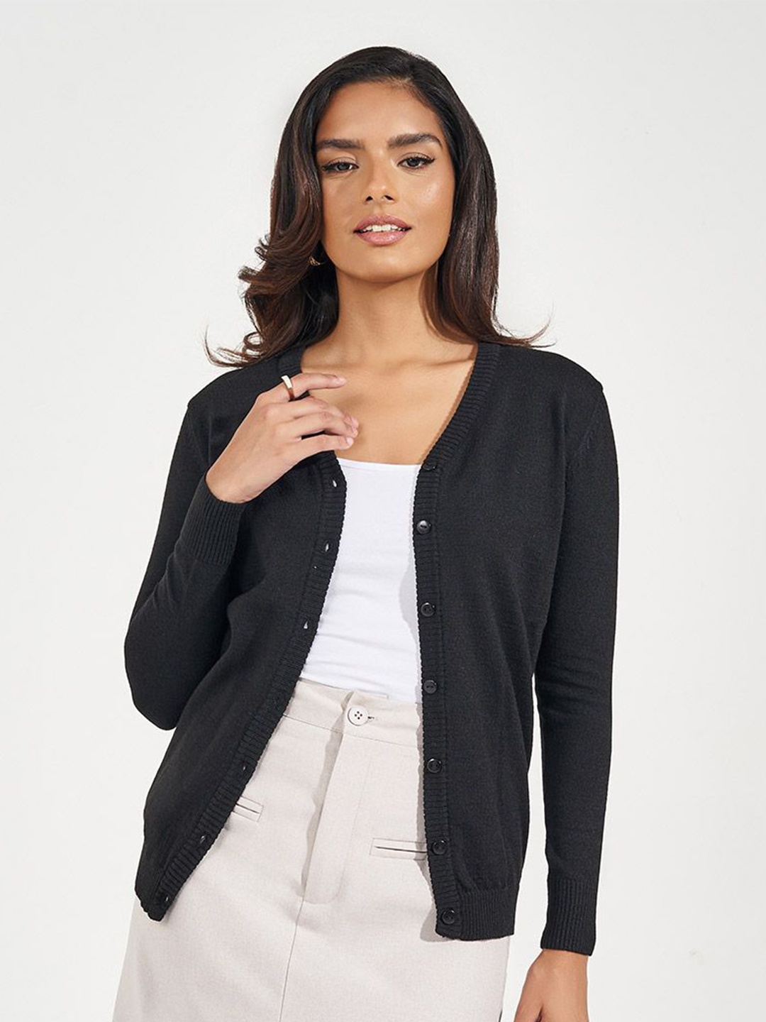 

Styli Women V-Neck Regular Fit Button Down Cardigan, Black