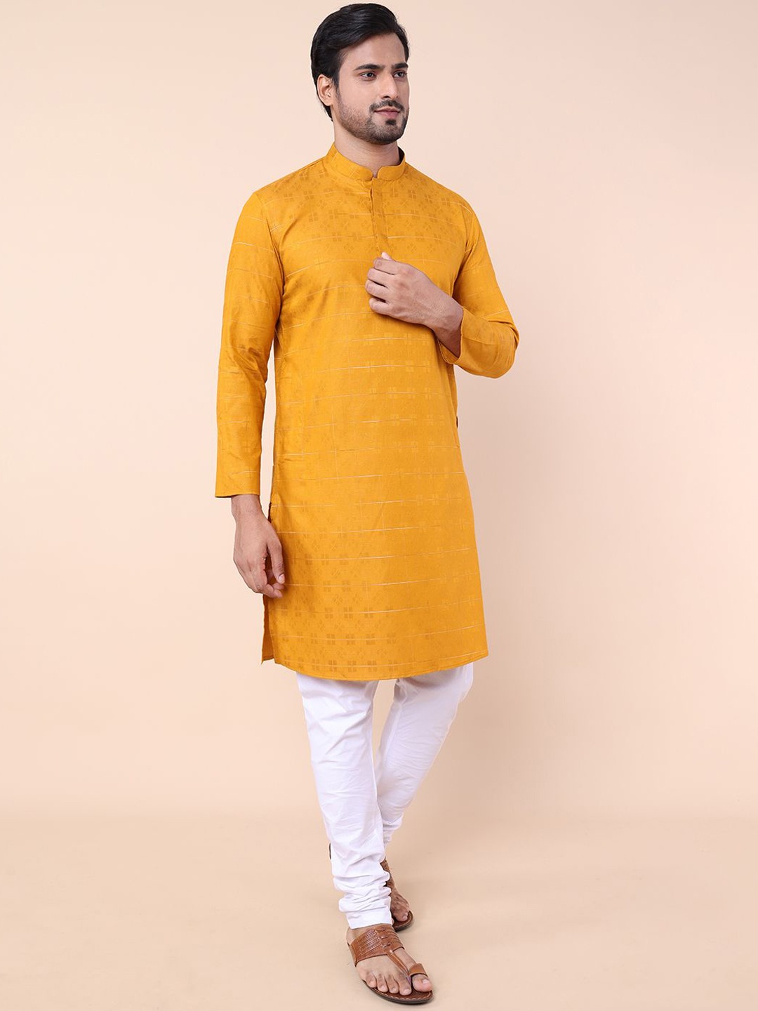 

NAMASKAR Geometric Printed Mandarin Collar Pure Cotton Straight Kurta With Churidar, Mustard