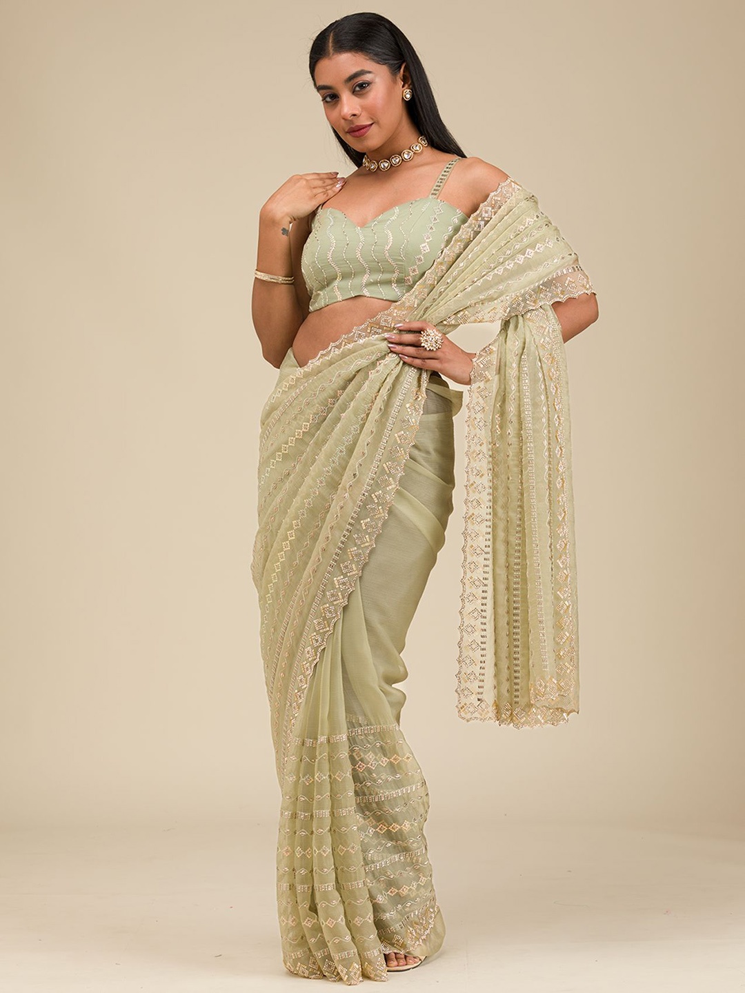 

Koskii Bead & Stone Embellished Saree, Green