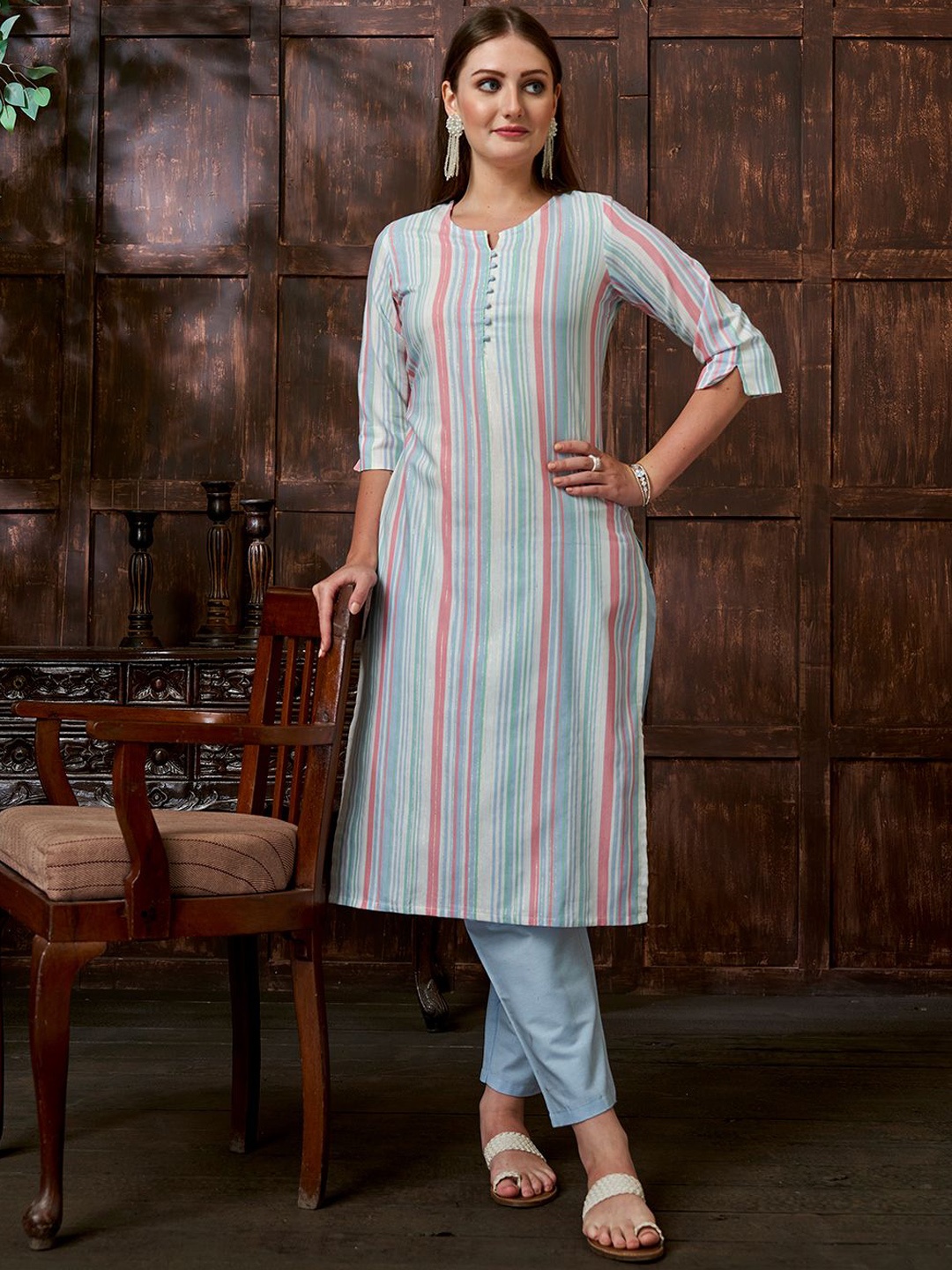 

KALINI Striped Regular Straight Kurta with Trousers, Blue