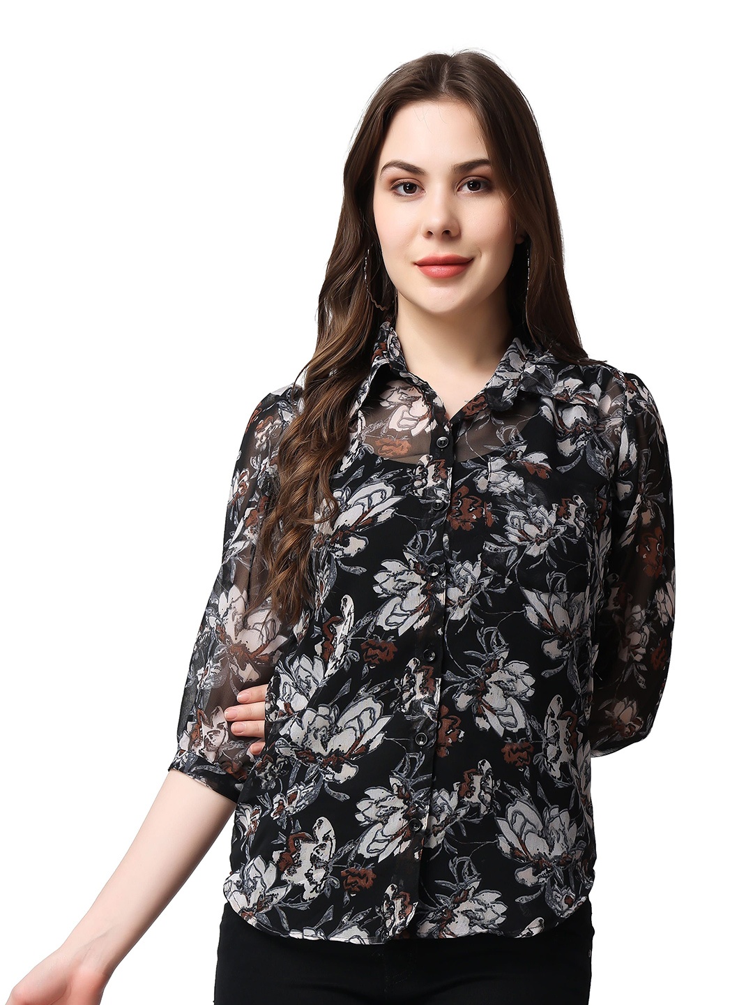 

BAESD Women Classic Spread Collar Floral Printed Casual Shirt, Black