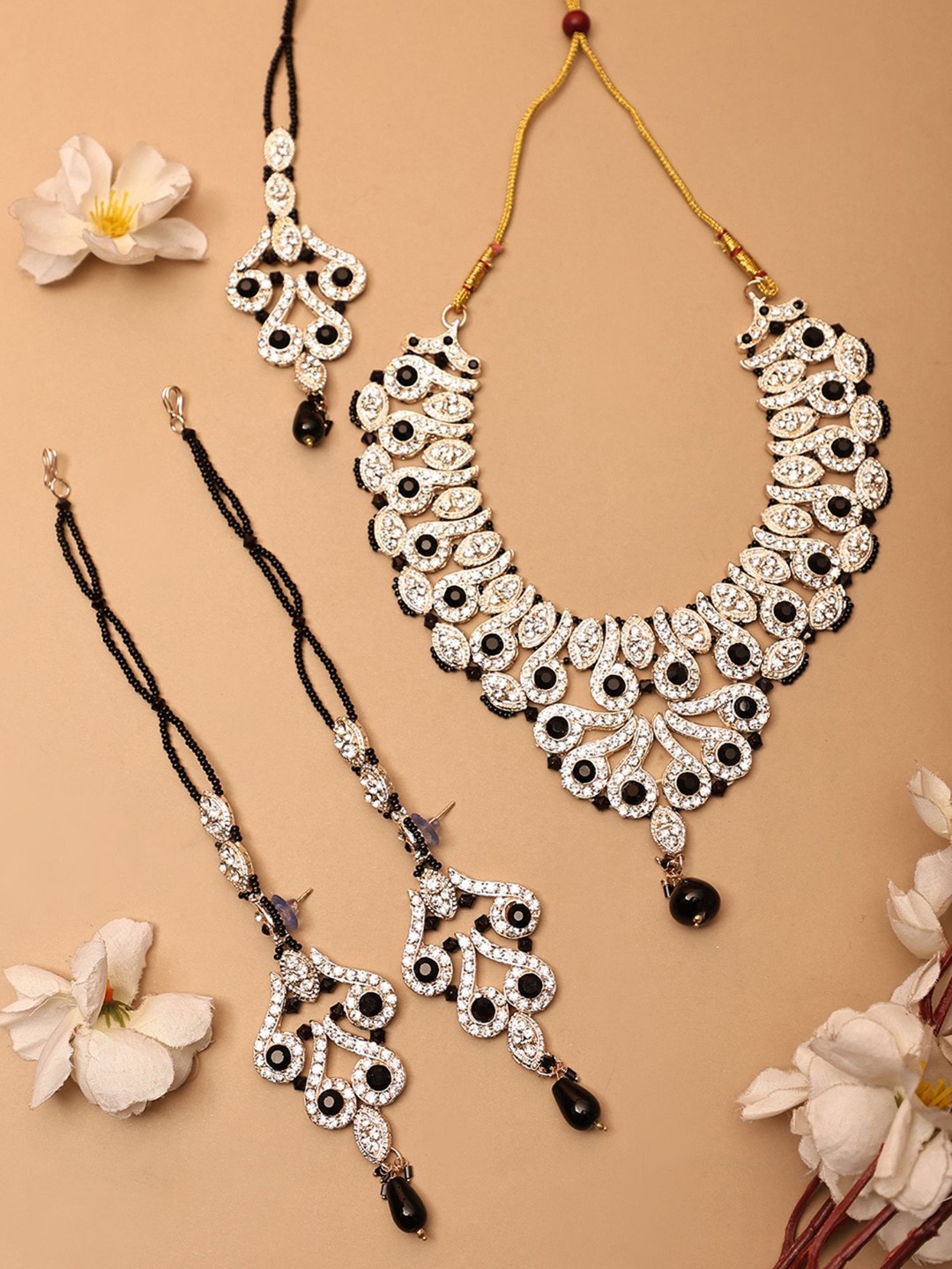

ANIKAS CREATION Silver-Plated Stone-Studded & Beaded Jewellery Set