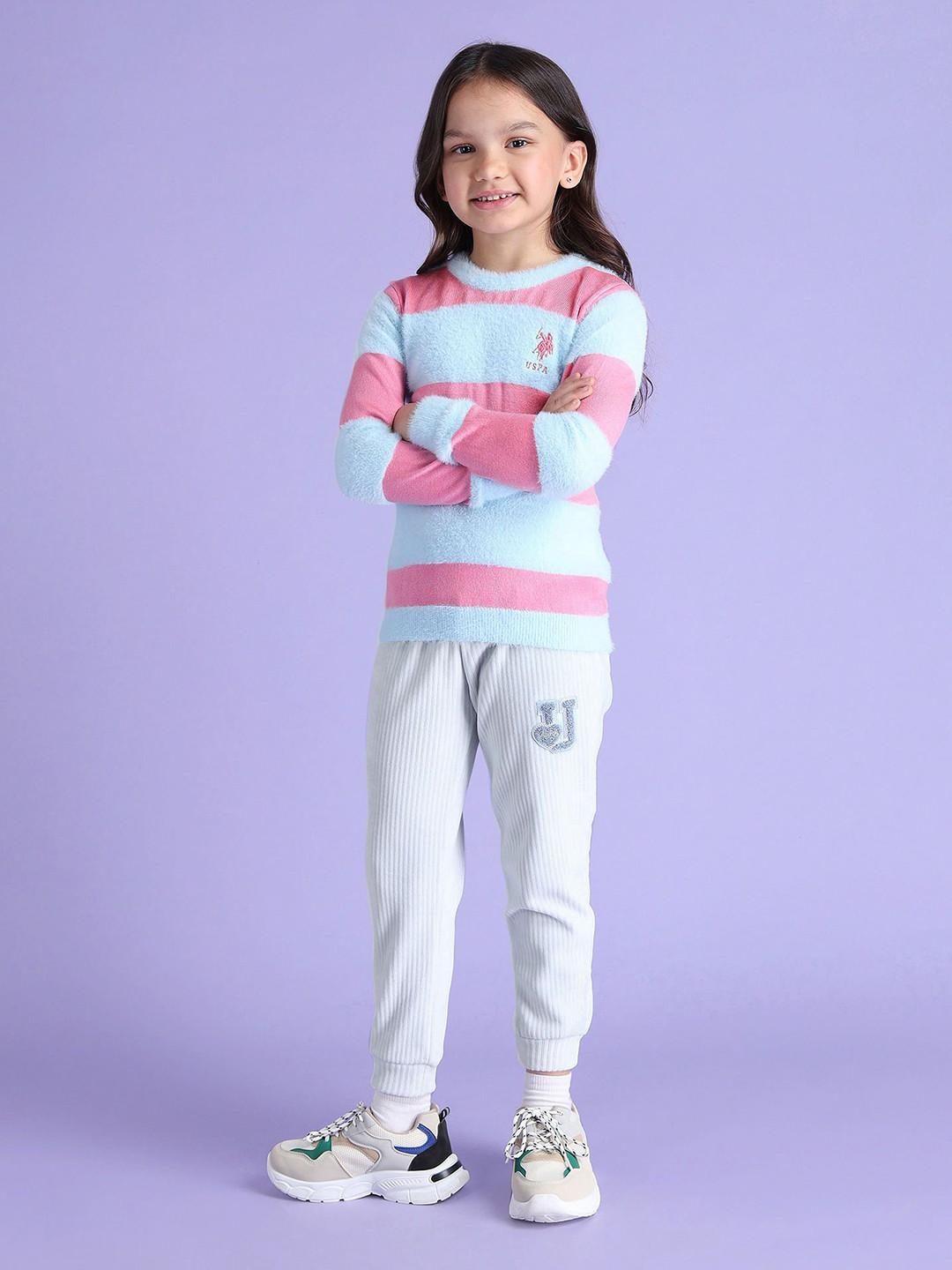 

U.S. Polo Assn. Kids Girls Speckled Striped Pullover, Blue