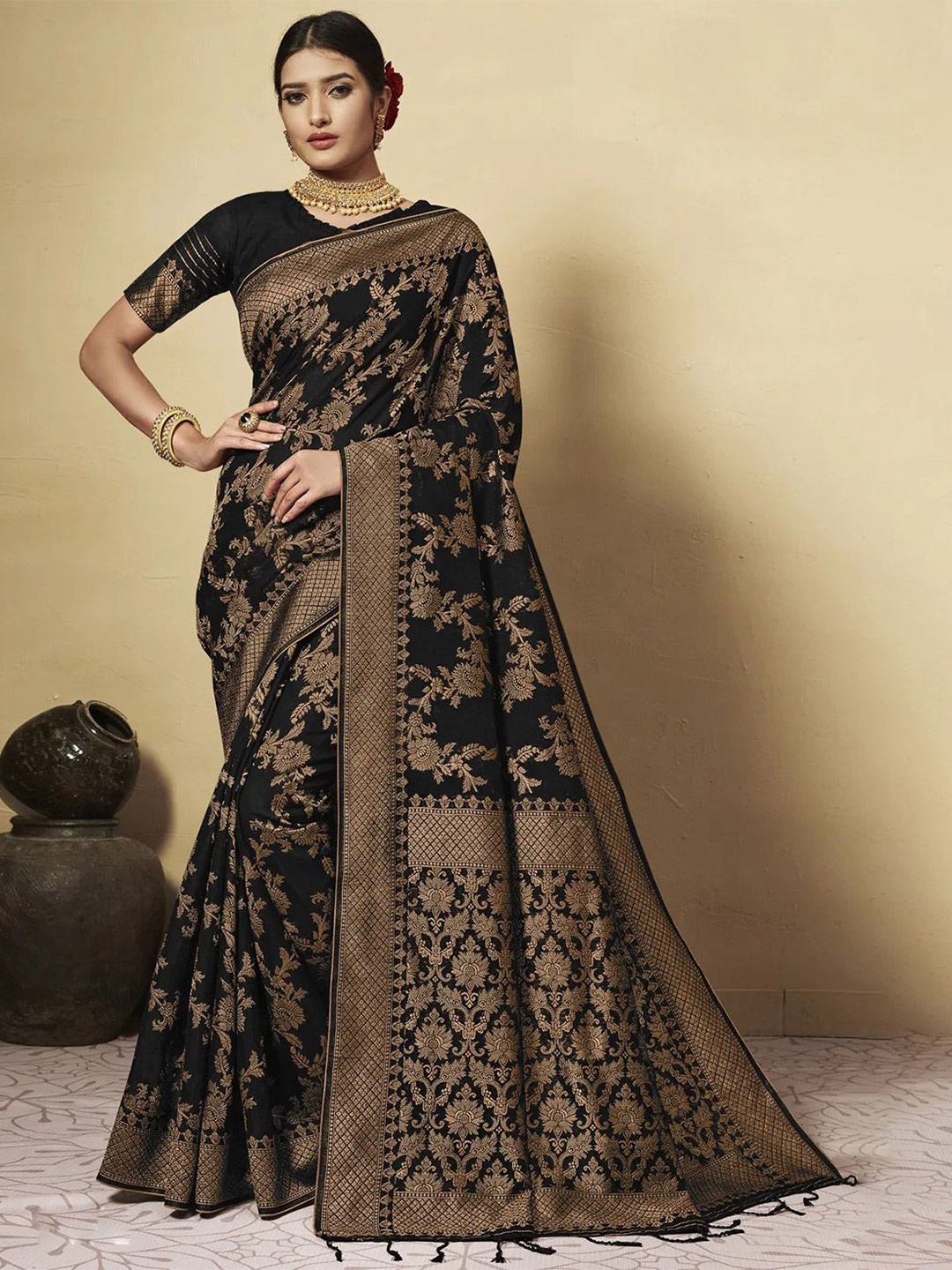 

MAHALASA Ethnic Motifs Zari Pure Cotton Ready to Wear Chanderi Saree, Black