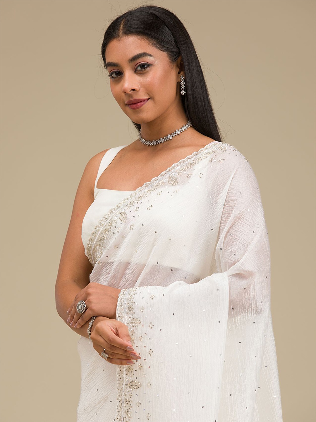 

Koskii Embellished Beads and Stones Pure Georgette Saree, White