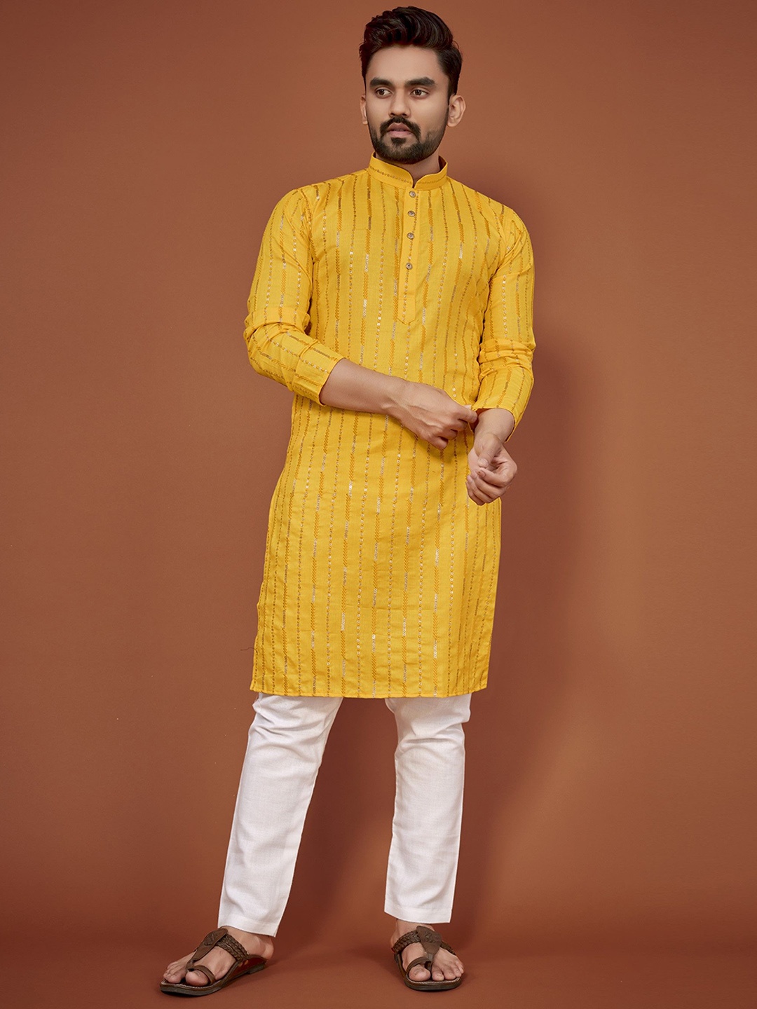 

Anaita Striped Embellished Mandarin Collar Sequinned Regular Cotton Straight Kurta, Yellow