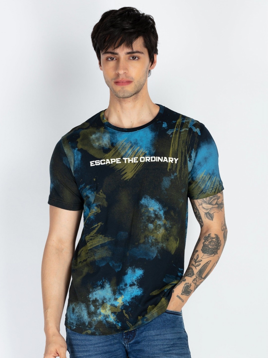 

Status Quo Men Abstract Printed Round Neck Pure Cotton T-shirt, Navy blue