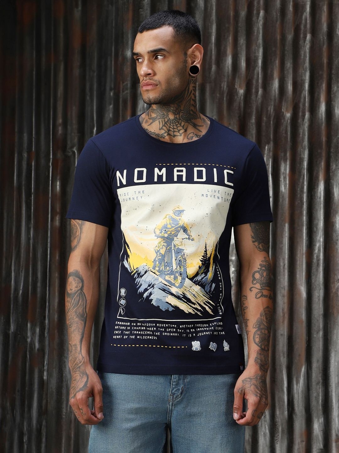 

High Star Men Moto Racer Printed Regular Fit Cotton T-shirt, Navy blue