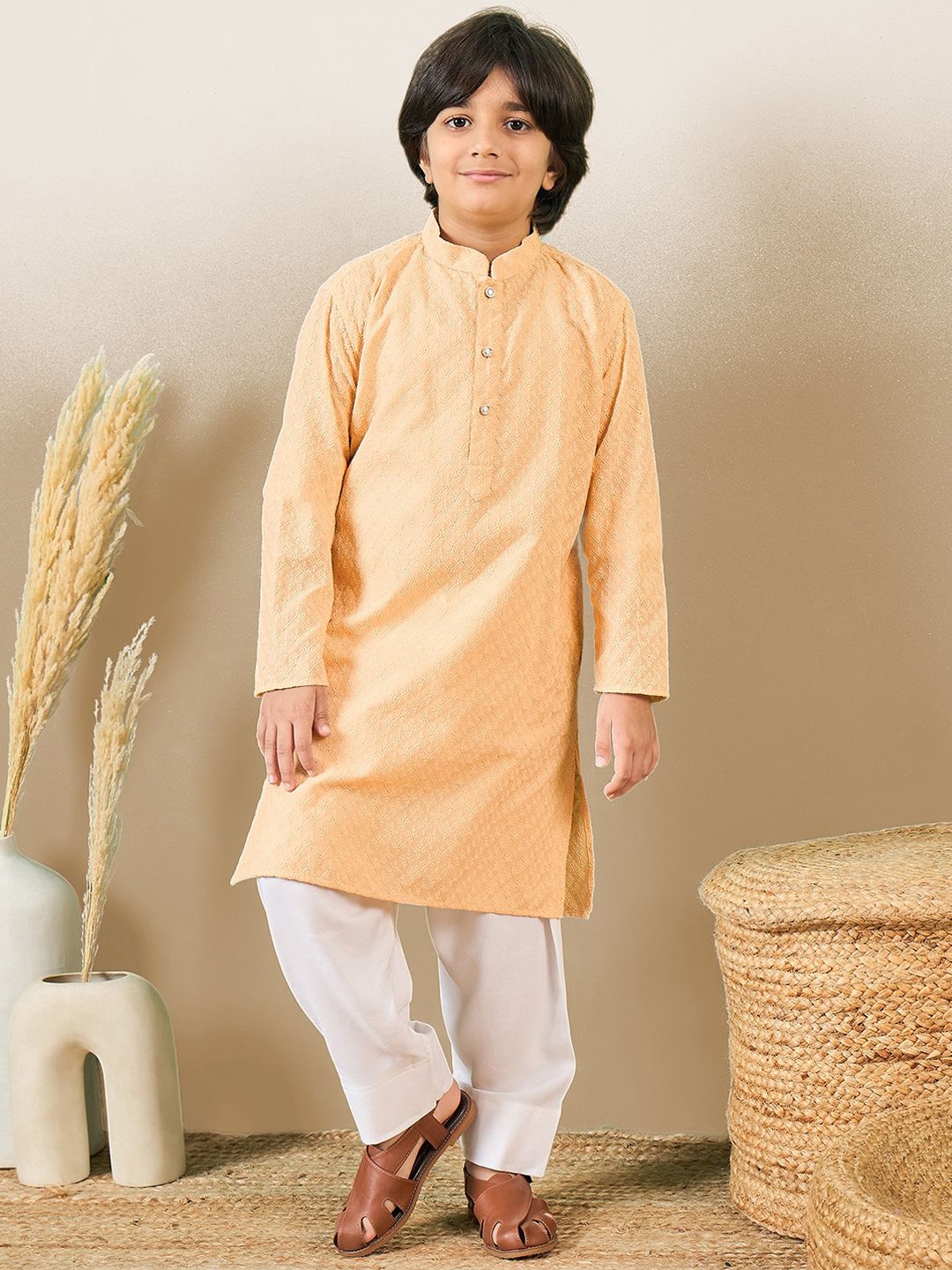 

Here&Now X Sanwara Boys Floral Embroidered Chikankari Straight Kurta with Patiala, Beige