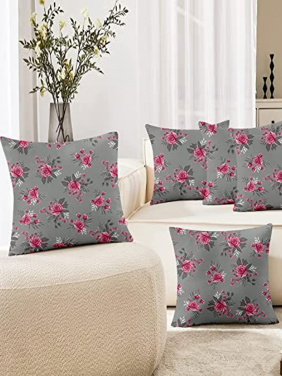 

Lushomes Grey & Pink Set of 5 Floral Square Cushion Covers