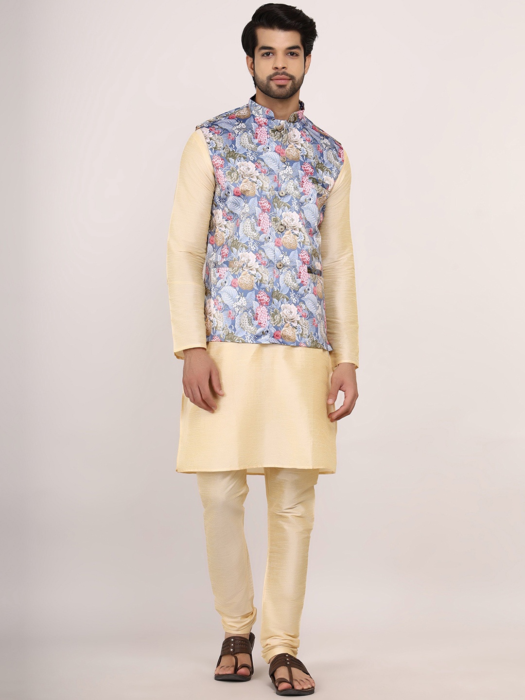 

Sadree Dupion Silk Straight Kurta With Churidar And Printed Nehru jacket, Gold