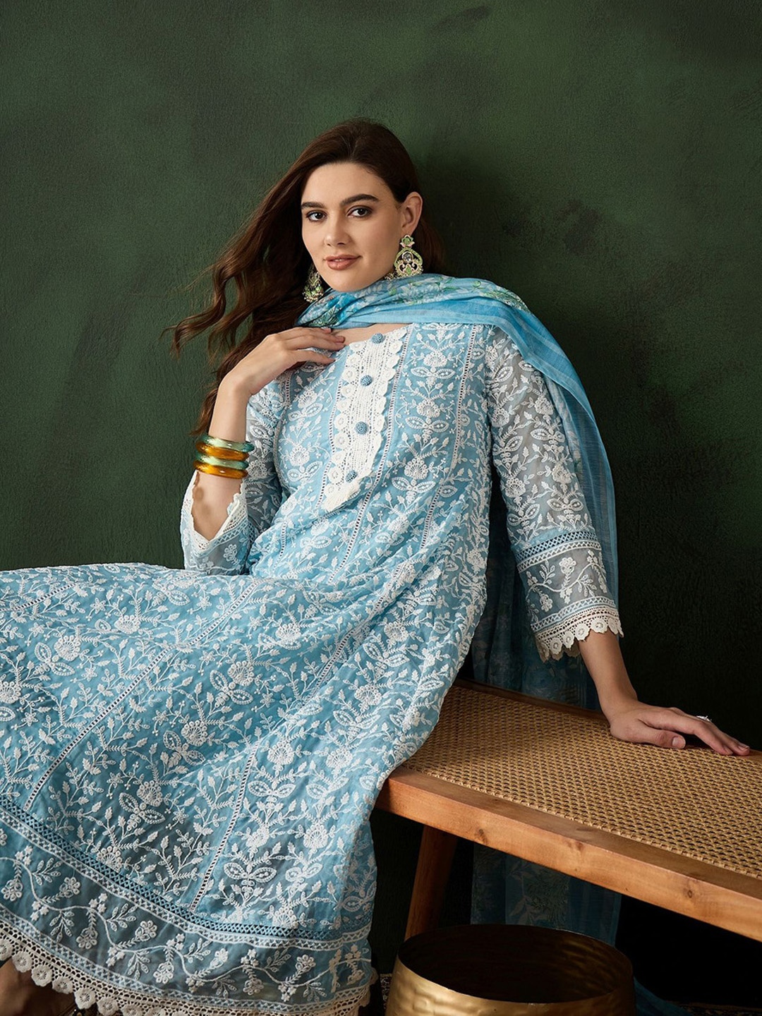

Sangria Blue Floral Embroidered Round Neck Schiffli Kurta With Trouser & Dupatta
