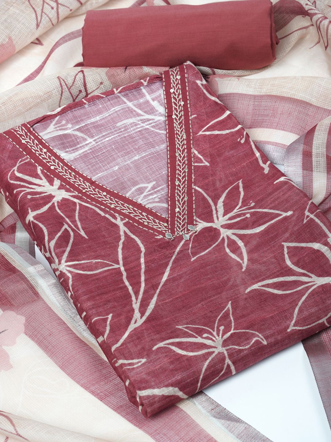 

KAMI KUBI Floral Printed Linen Unstitched Dress Material, Red