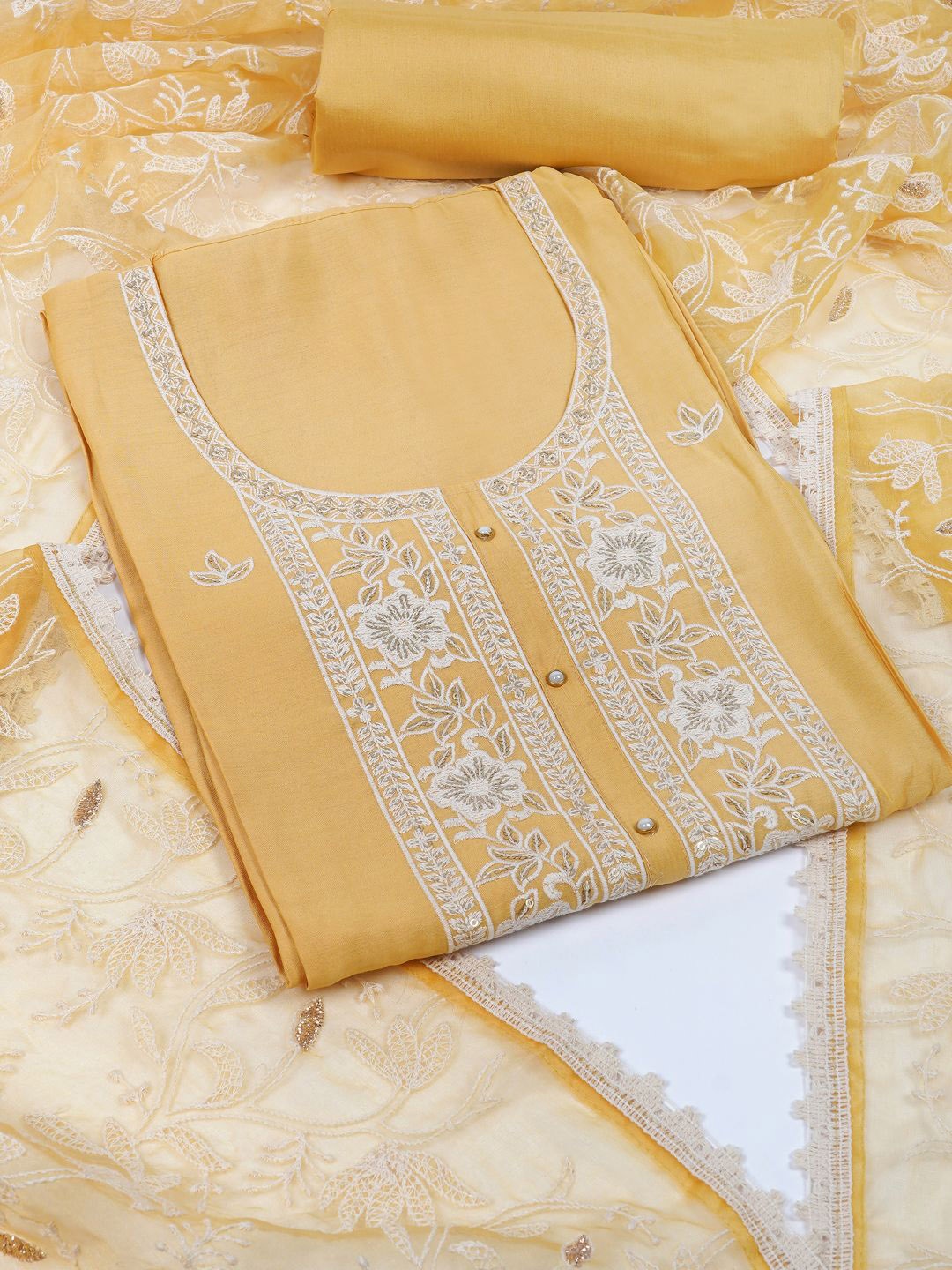 

KAMI KUBI Floral Embroidered Unstitched Dress Material, Yellow