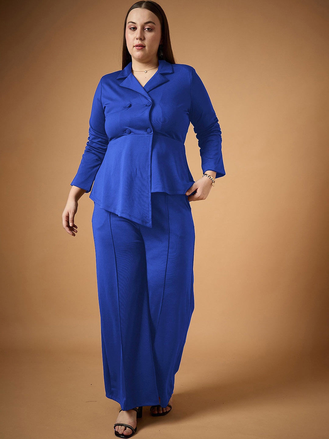 

SASSAFRAS Curve Plus Size Lapel Collar Ruched Blazer With Trouser, Blue